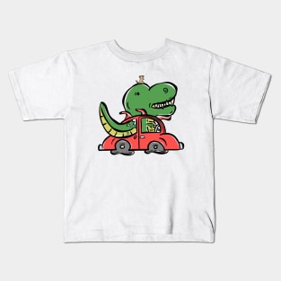 Driving a Red Car Tyrannosaurus Dinosaur Dino Cartoon Cute Character Kids T-Shirt